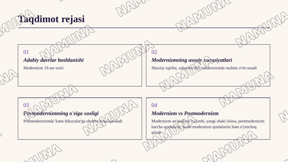 U Hamdamning jahon adabiyoti modernizm va postmodernizm kitobini oʻqib va shu asosida taqdimot tayyorlash — zamonaviy taqdimot, 2-slayd