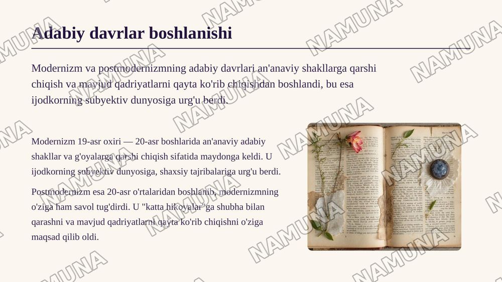 U Hamdamning jahon adabiyoti modernizm va postmodernizm kitobini oʻqib va shu asosida taqdimot tayyorlash — zamonaviy taqdimot, 3-slayd