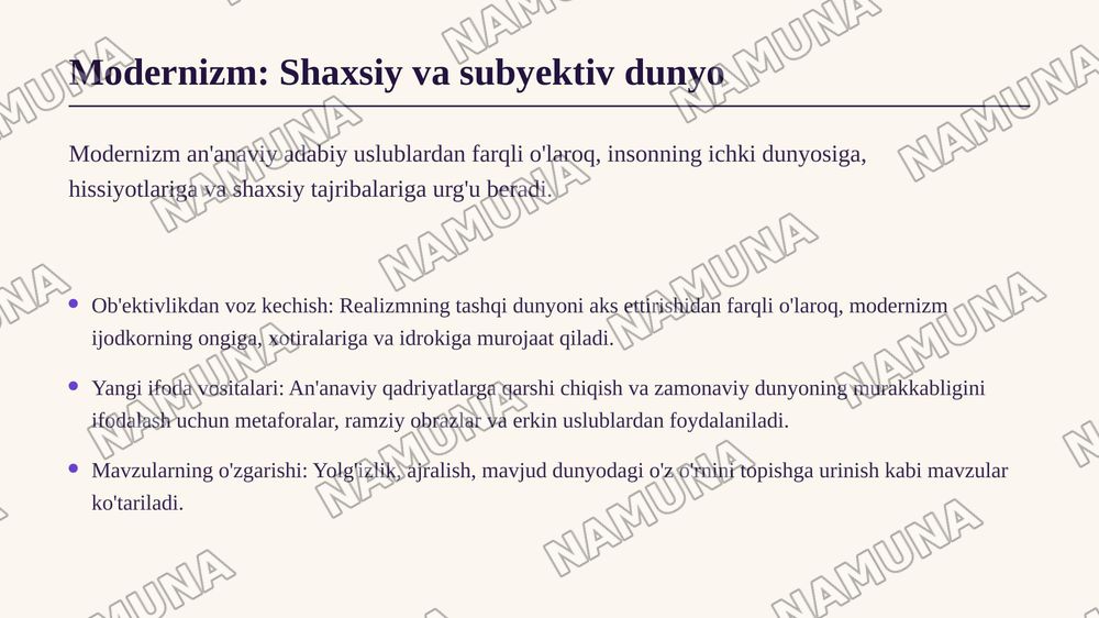 U Hamdamning jahon adabiyoti modernizm va postmodernizm kitobini oʻqib va shu asosida taqdimot tayyorlash — zamonaviy taqdimot, 4-slayd