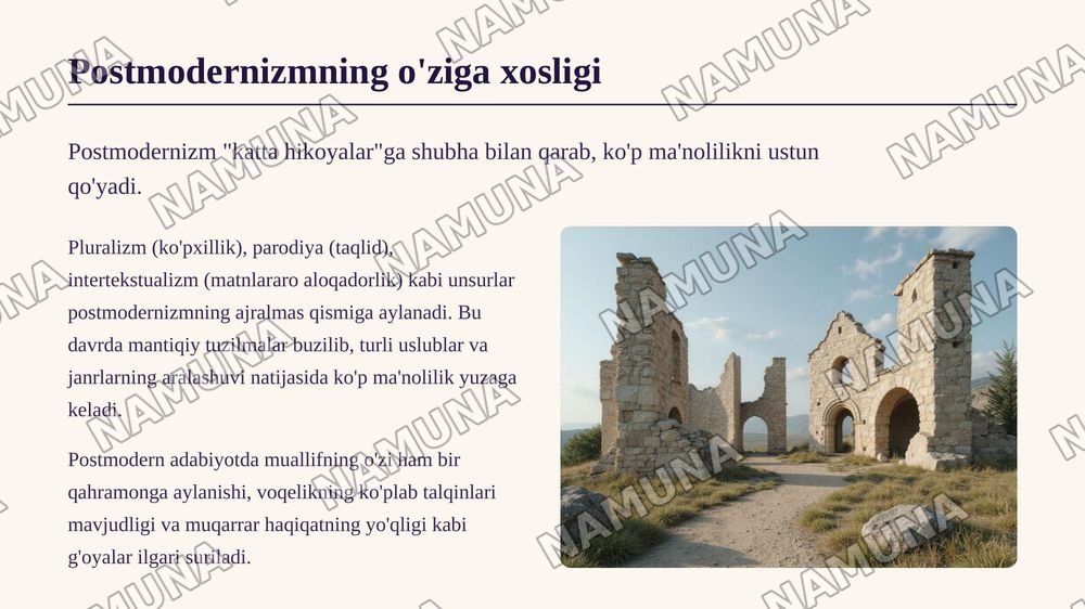 U Hamdamning jahon adabiyoti modernizm va postmodernizm kitobini oʻqib va shu asosida taqdimot tayyorlash — zamonaviy taqdimot, 5-slayd