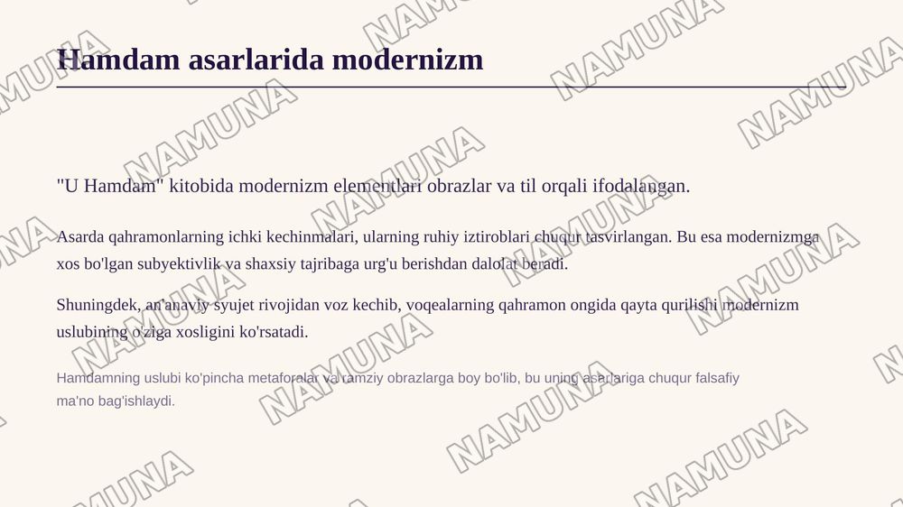 U Hamdamning jahon adabiyoti modernizm va postmodernizm kitobini oʻqib va shu asosida taqdimot tayyorlash — zamonaviy taqdimot, 7-slayd