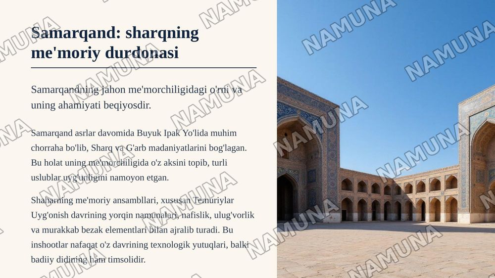 Samarqand arxitekturasi va qurilish tarixi — zamonaviy taqdimot, 3-slayd