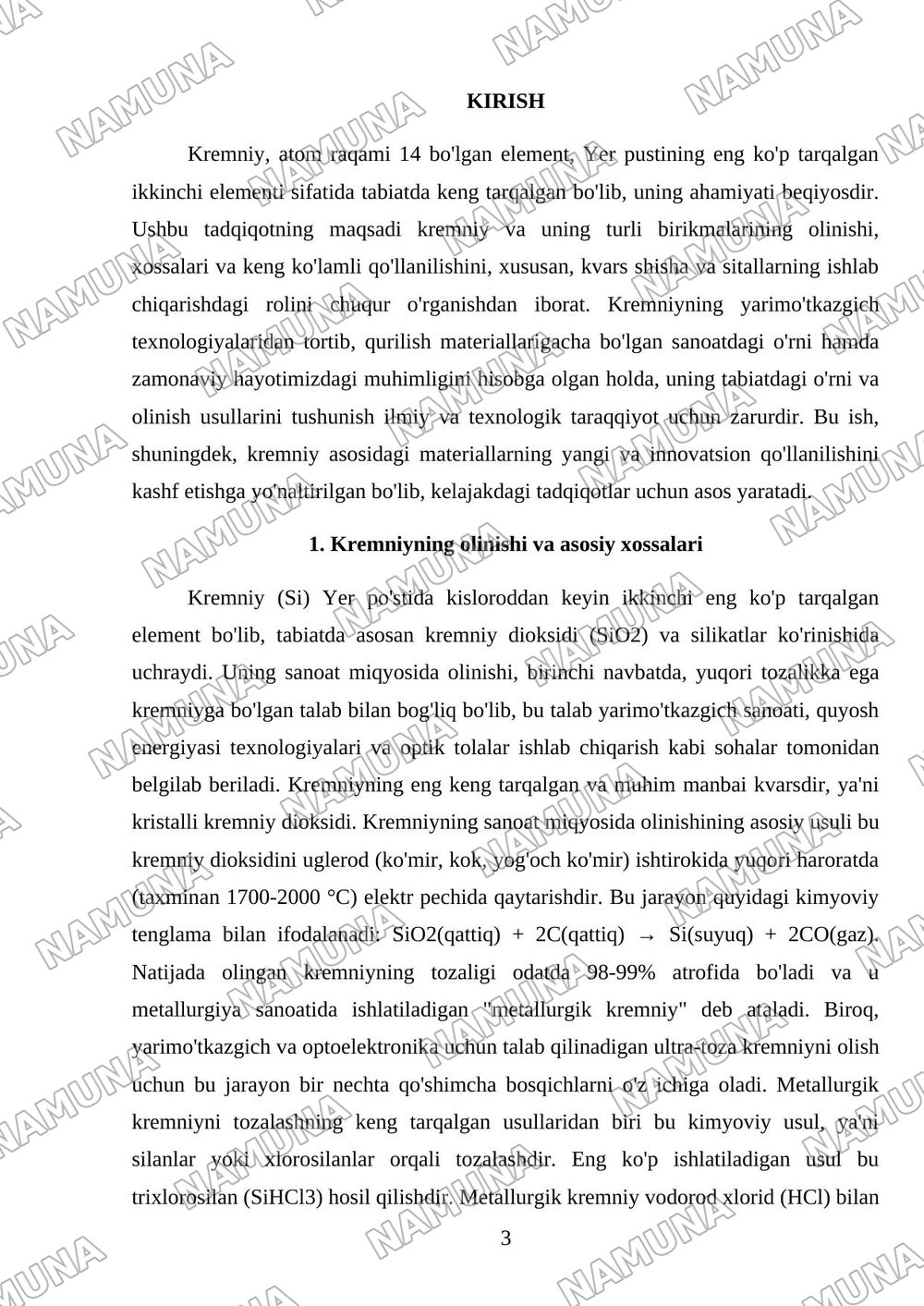 Kremniy va uning birikmalari. Ishlatilishi, olinishi va xossalari, kvars shisha sitallar — mustaqil ish, 3-varaq