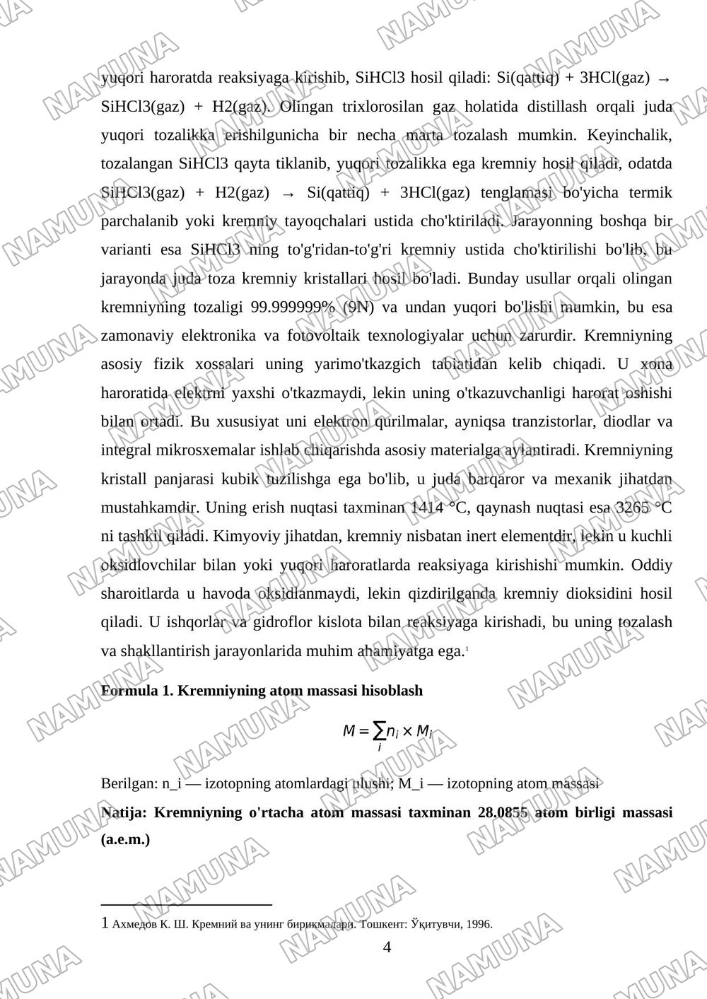 Kremniy va uning birikmalari. Ishlatilishi, olinishi va xossalari, kvars shisha sitallar — mustaqil ish, 4-varaq