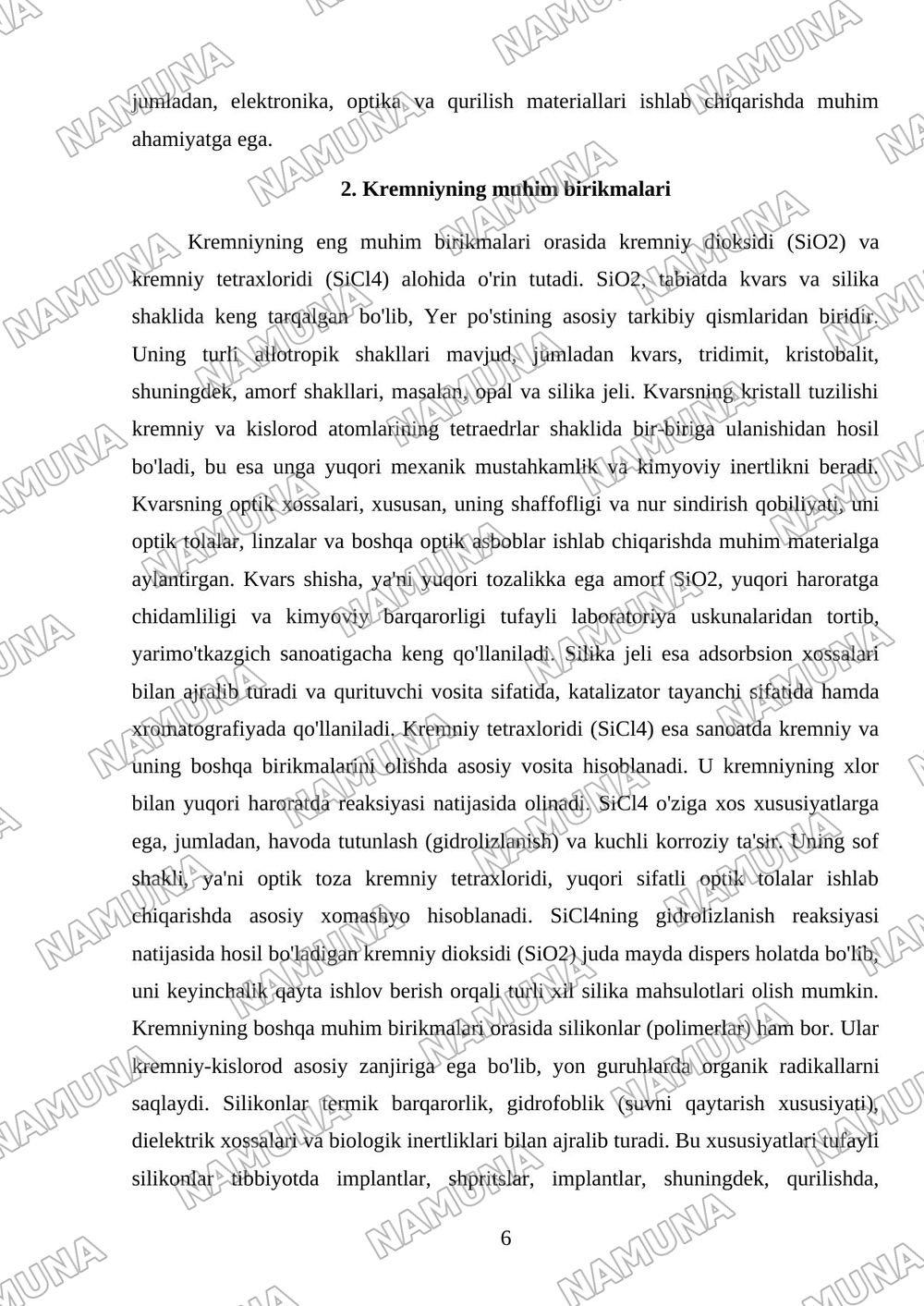 Kremniy va uning birikmalari. Ishlatilishi, olinishi va xossalari, kvars shisha sitallar — mustaqil ish, 6-varaq