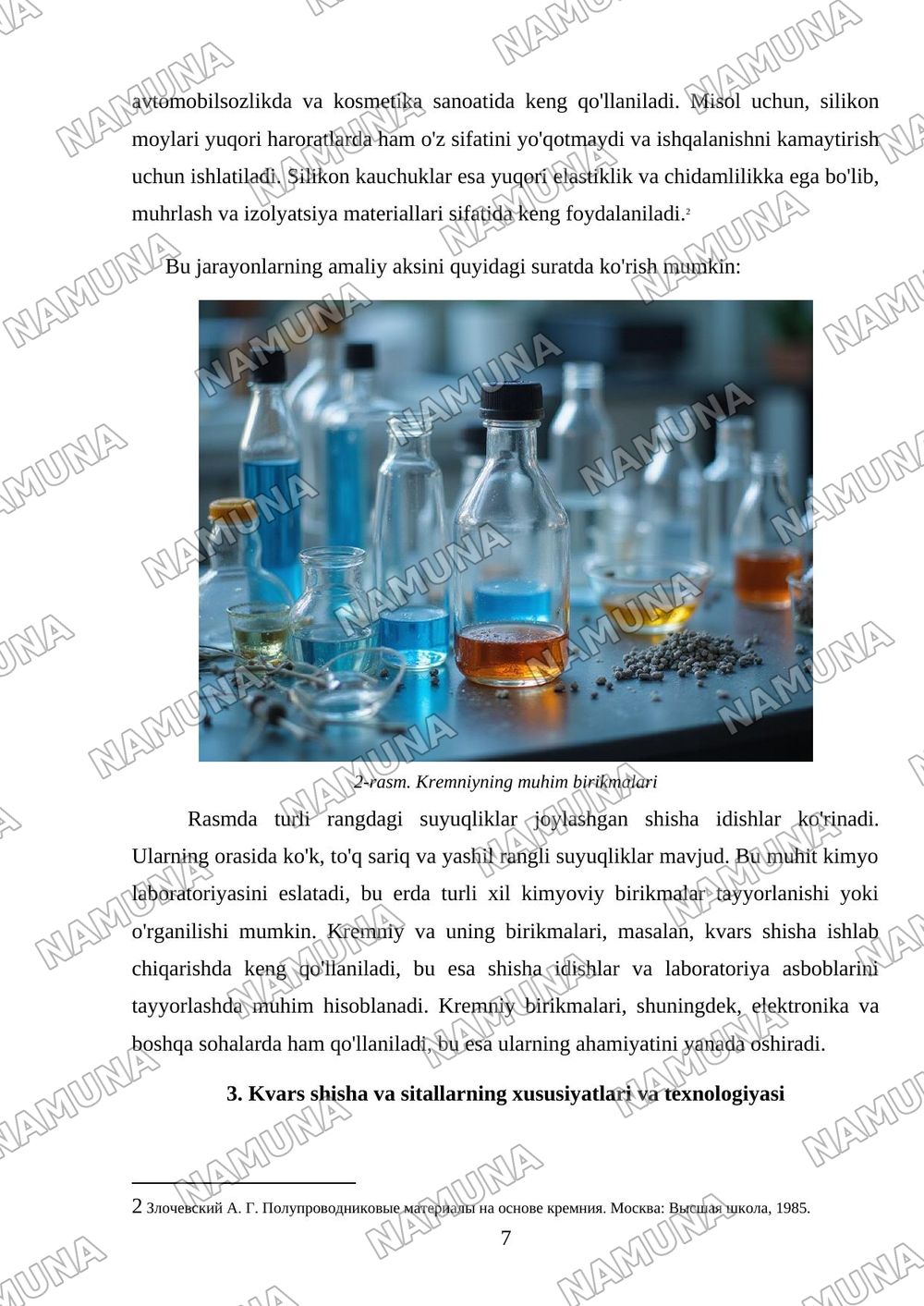 Kremniy va uning birikmalari. Ishlatilishi, olinishi va xossalari, kvars shisha sitallar — mustaqil ish, 7-varaq