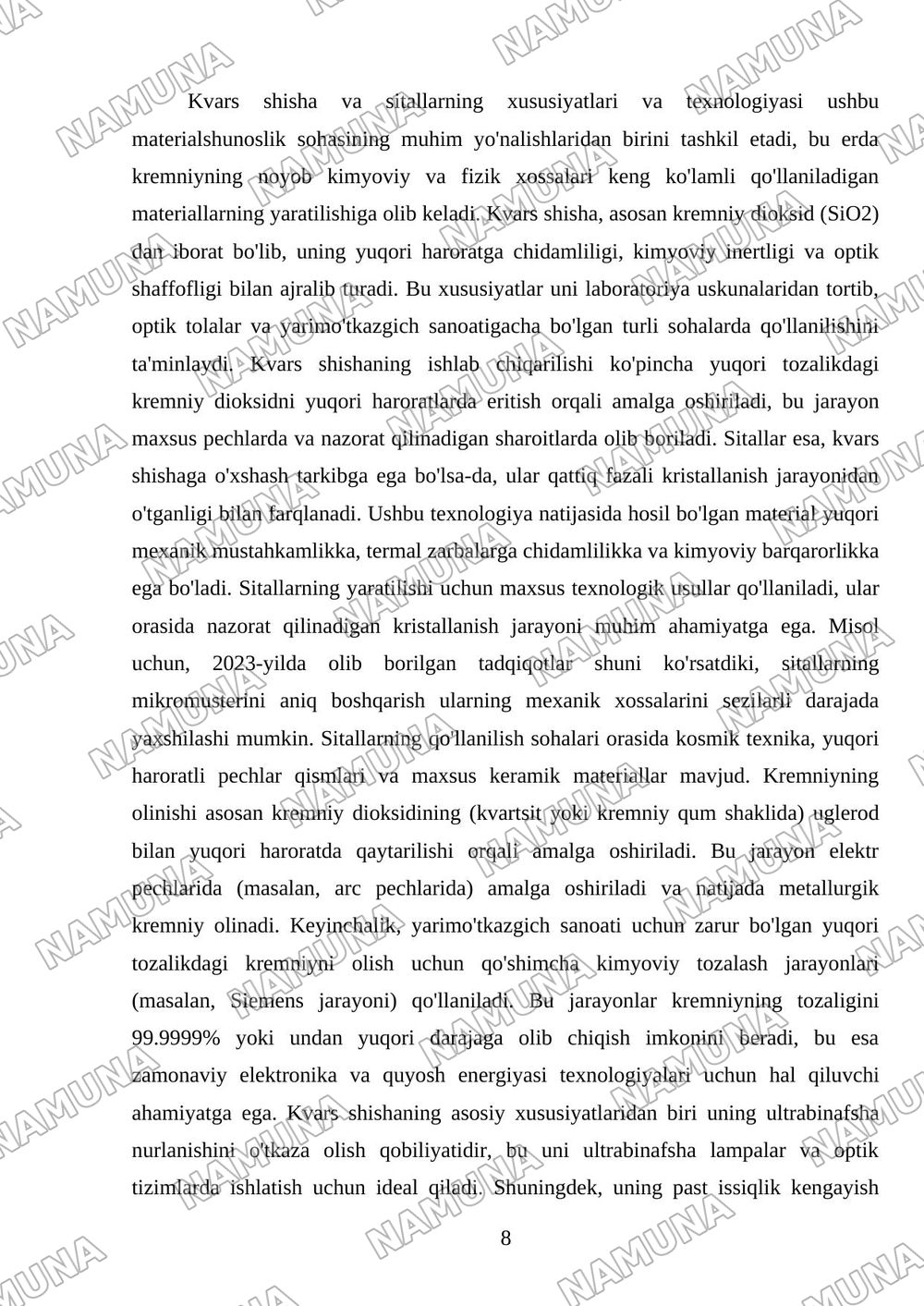 Kremniy va uning birikmalari. Ishlatilishi, olinishi va xossalari, kvars shisha sitallar — mustaqil ish, 8-varaq