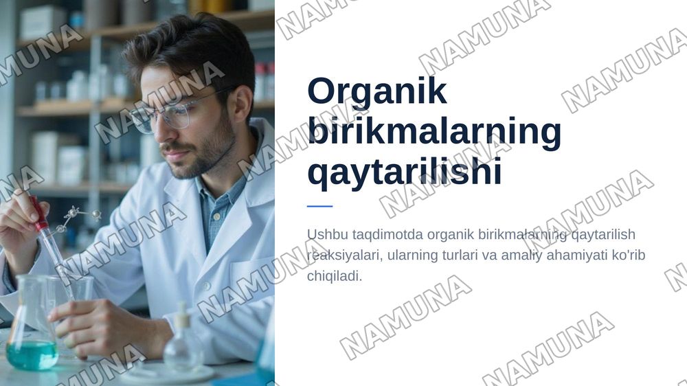 Organik birikmalarning qaytarilishi. Alkenlarning qaytarilishi. Aromatik birikmalarning qaytarilishi. Aldegidlarning qaytarilishi. Karbonil birikmalarning qaytarilishi. Amidlar va nitrillarni qaytarilishi. — zamonaviy taqdimot, 1-slayd
