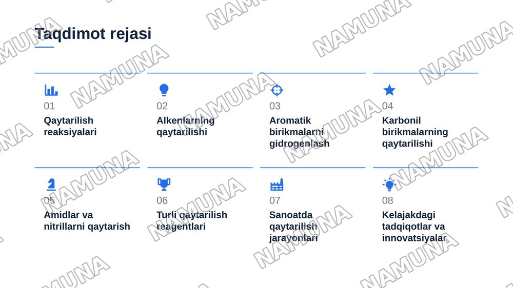 Organik birikmalarning qaytarilishi. Alkenlarning qaytarilishi. Aromatik birikmalarning qaytarilishi. Aldegidlarning qaytarilishi. Karbonil birikmalarning qaytarilishi. Amidlar va nitrillarni qaytarilishi. — zamonaviy taqdimot, 2-slayd