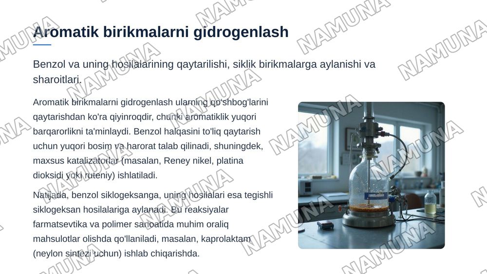 Organik birikmalarning qaytarilishi. Alkenlarning qaytarilishi. Aromatik birikmalarning qaytarilishi. Aldegidlarning qaytarilishi. Karbonil birikmalarning qaytarilishi. Amidlar va nitrillarni qaytarilishi. — zamonaviy taqdimot, 5-slayd