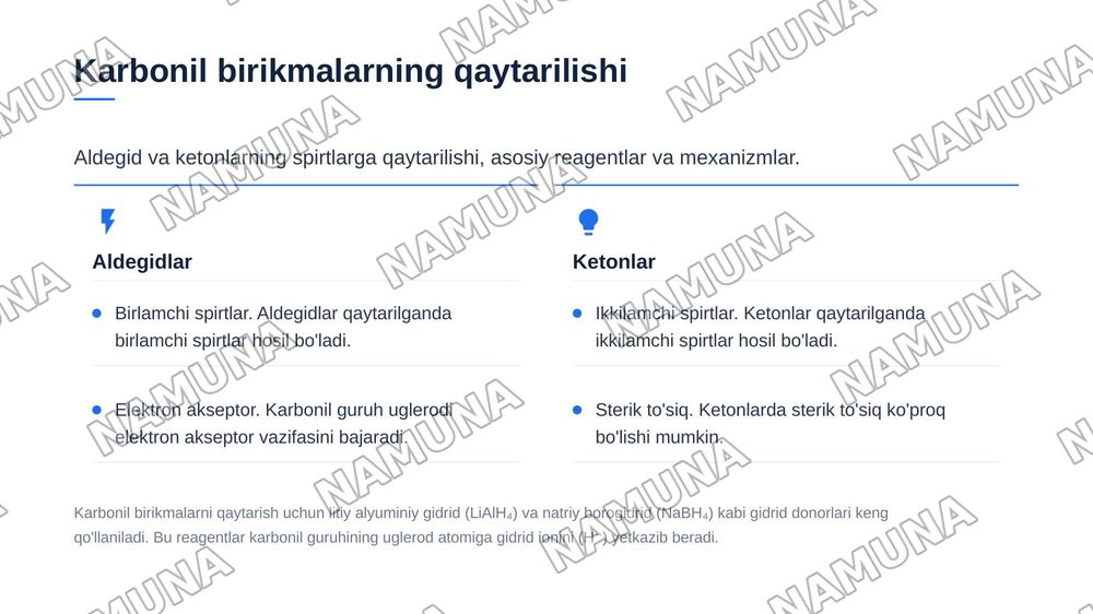 Organik birikmalarning qaytarilishi. Alkenlarning qaytarilishi. Aromatik birikmalarning qaytarilishi. Aldegidlarning qaytarilishi. Karbonil birikmalarning qaytarilishi. Amidlar va nitrillarni qaytarilishi. — zamonaviy taqdimot, 6-slayd