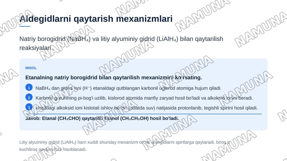 Organik birikmalarning qaytarilishi. Alkenlarning qaytarilishi. Aromatik birikmalarning qaytarilishi. Aldegidlarning qaytarilishi. Karbonil birikmalarning qaytarilishi. Amidlar va nitrillarni qaytarilishi. — zamonaviy taqdimot, 7-slayd