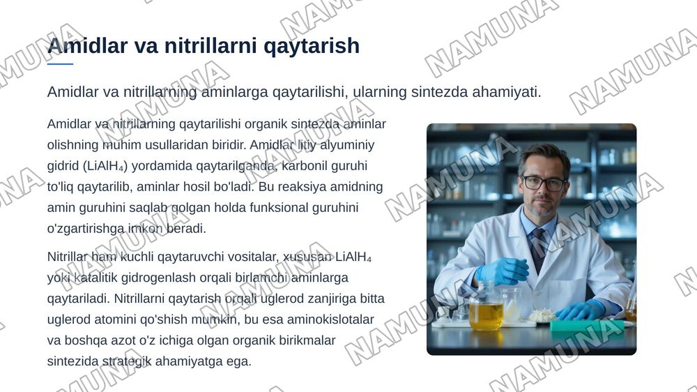 Organik birikmalarning qaytarilishi. Alkenlarning qaytarilishi. Aromatik birikmalarning qaytarilishi. Aldegidlarning qaytarilishi. Karbonil birikmalarning qaytarilishi. Amidlar va nitrillarni qaytarilishi. — zamonaviy taqdimot, 8-slayd