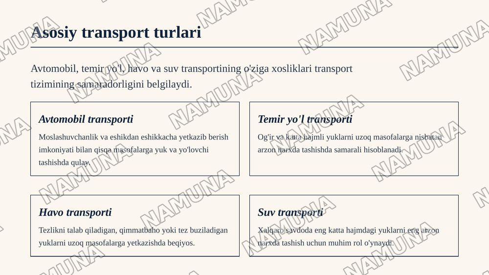 Transport korxonalari va ularning infratuzilmasi — zamonaviy taqdimot, 4-slayd