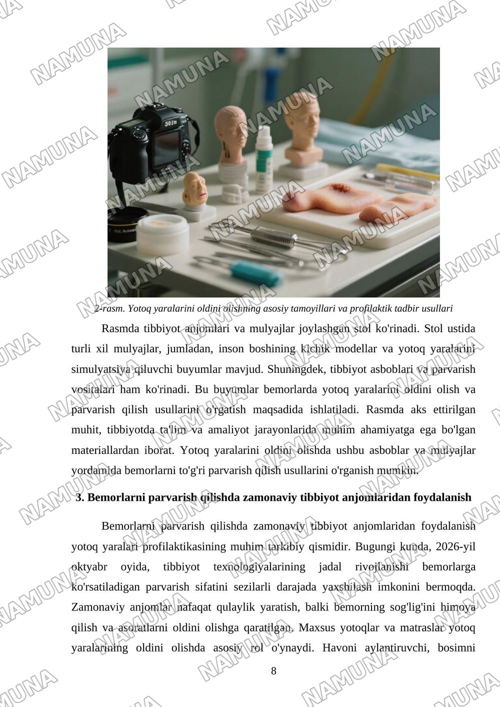 Bemorlarda yotoq yaralarini oldini olish. Variantlar 1-mavzuga doir prezintatsiya tayyorlash 2-bemorlarni parvarish qilish usullarini mulyajlarda va tibbiyot anjomlaridan foydalangan holda kõrsatib — mustaqil ish, 8-varaq