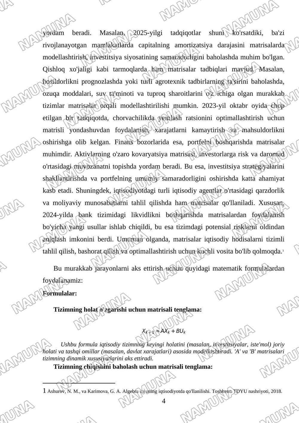 1. Matrisalar algebrasini iqtisodiy masalalarga tadbiqlari — referat, 4-varaq