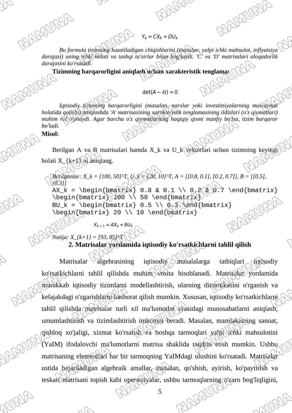1. Matrisalar algebrasini iqtisodiy masalalarga tadbiqlari — referat, 5-varaq