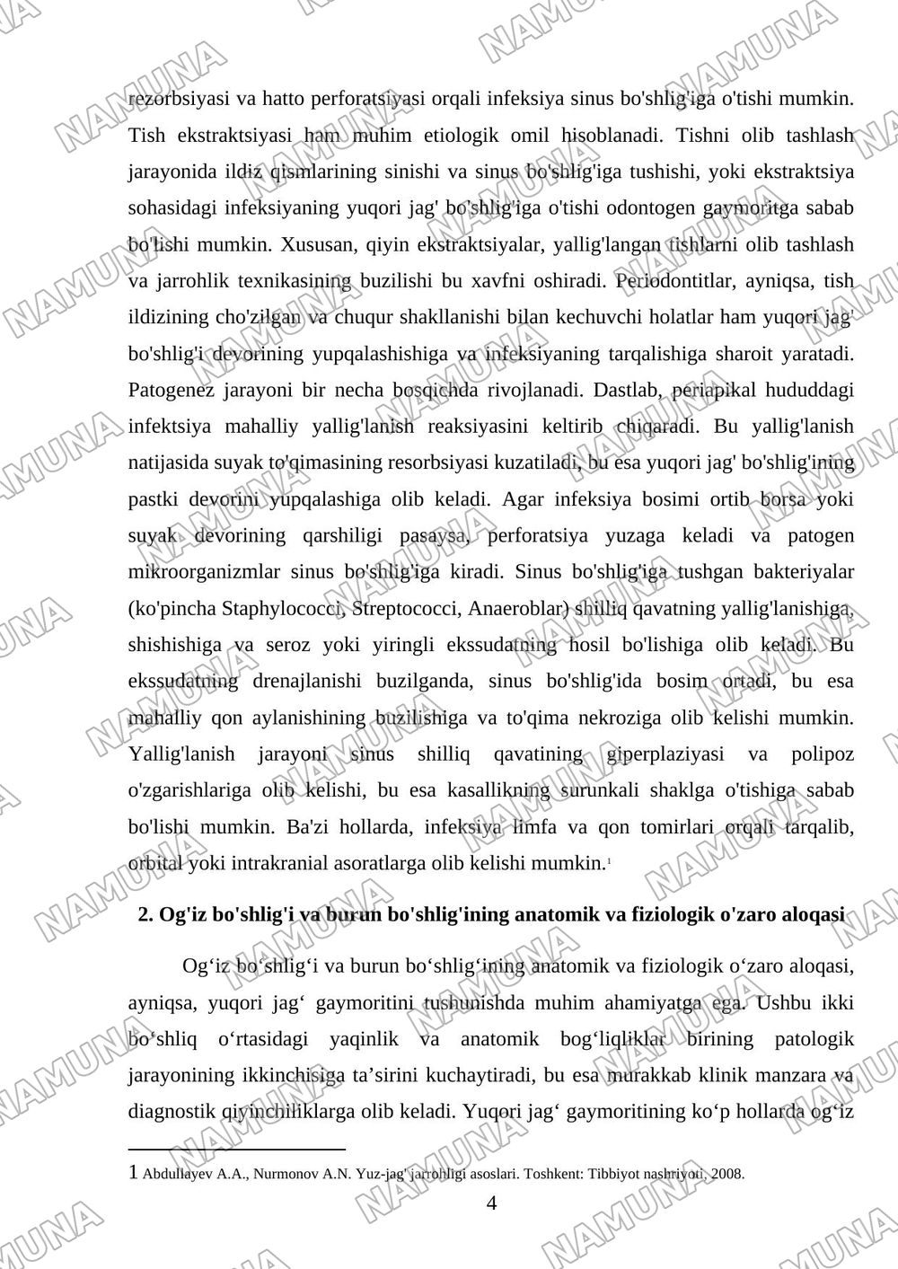 ODONTOGEN GAYMORIT: ETIOLOGIYASI, PATOGENEZI, KLINIKASI, TASHXISLASH VA DAVOLASH USULLARI. YUQORI JAG‘ BO‘SHLIG‘I PERFORATSIYASI VA DAVOLASH ALGORITMI — mustaqil ish, 4-varaq