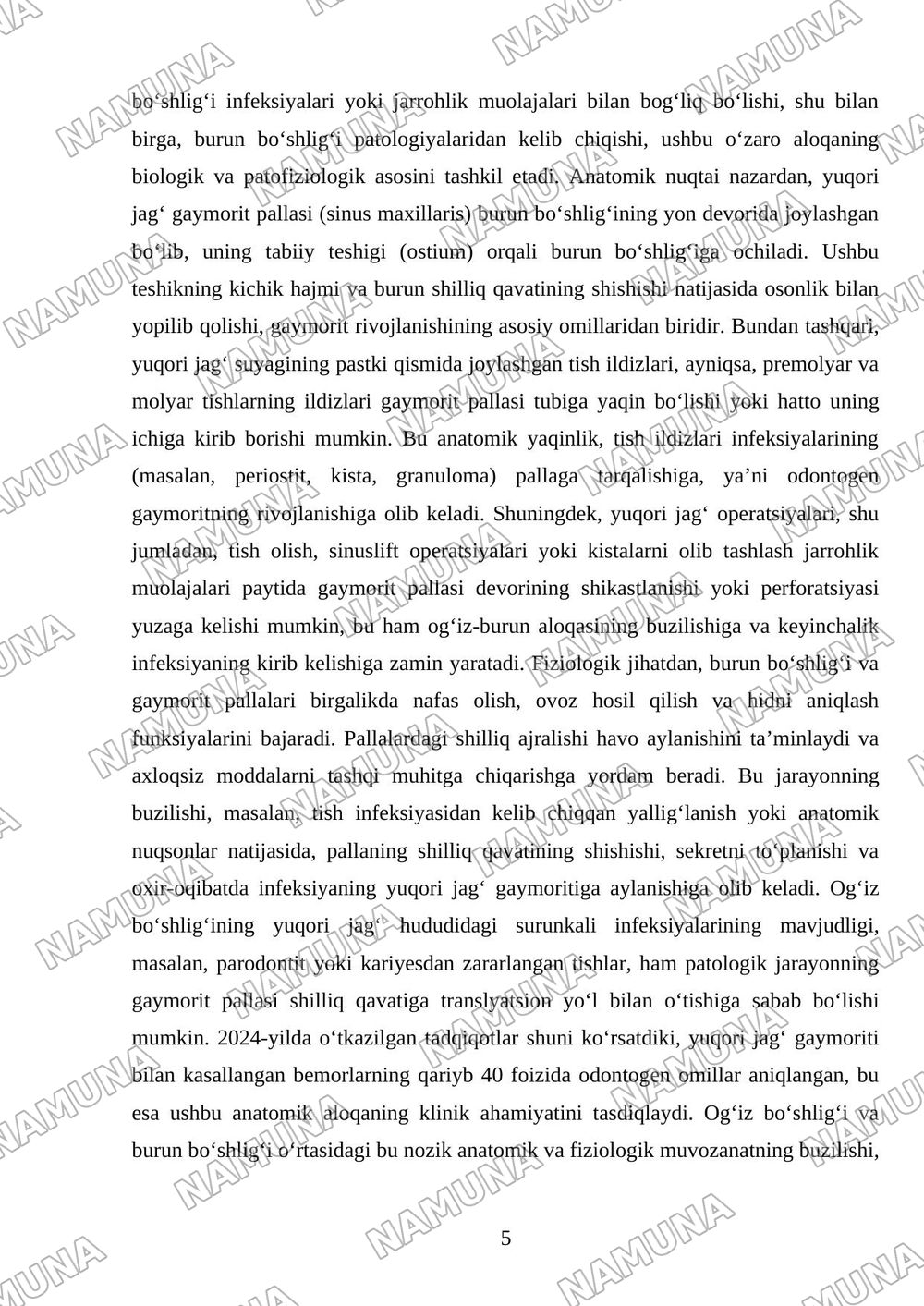 ODONTOGEN GAYMORIT: ETIOLOGIYASI, PATOGENEZI, KLINIKASI, TASHXISLASH VA DAVOLASH USULLARI. YUQORI JAG‘ BO‘SHLIG‘I PERFORATSIYASI VA DAVOLASH ALGORITMI — mustaqil ish, 5-varaq