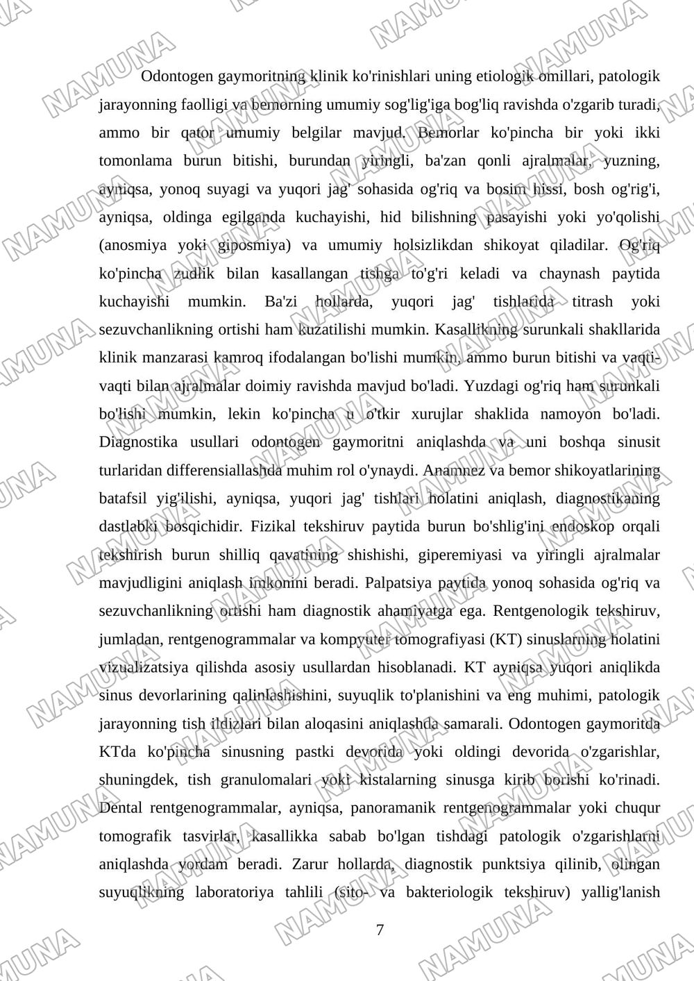 ODONTOGEN GAYMORIT: ETIOLOGIYASI, PATOGENEZI, KLINIKASI, TASHXISLASH VA DAVOLASH USULLARI. YUQORI JAG‘ BO‘SHLIG‘I PERFORATSIYASI VA DAVOLASH ALGORITMI — mustaqil ish, 7-varaq