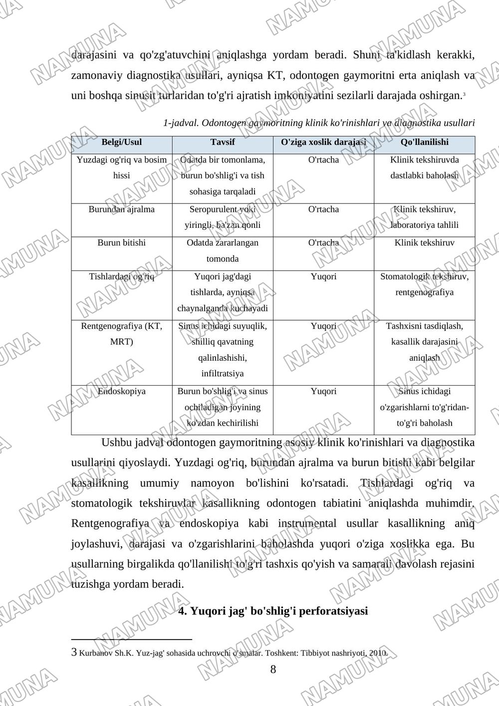 ODONTOGEN GAYMORIT: ETIOLOGIYASI, PATOGENEZI, KLINIKASI, TASHXISLASH VA DAVOLASH USULLARI. YUQORI JAG‘ BO‘SHLIG‘I PERFORATSIYASI VA DAVOLASH ALGORITMI — mustaqil ish, 8-varaq