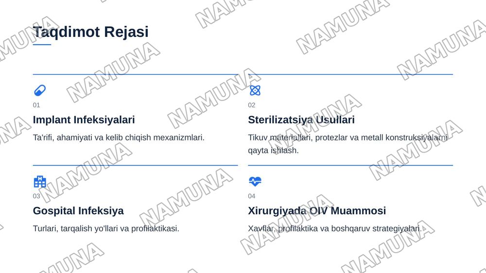 Implantatsion infeksiya profilaktikasi. Tikuv materiallari, protezlar, metal konstruksiyalar
sterilizatsiyasi. Past haroratli va nurli sterilizatsiya. Gospital infeksiya. Xirurgiyada
SPID-infeksiya muammosi va profilaktikasi. — zamonaviy taqdimot, 2-slayd