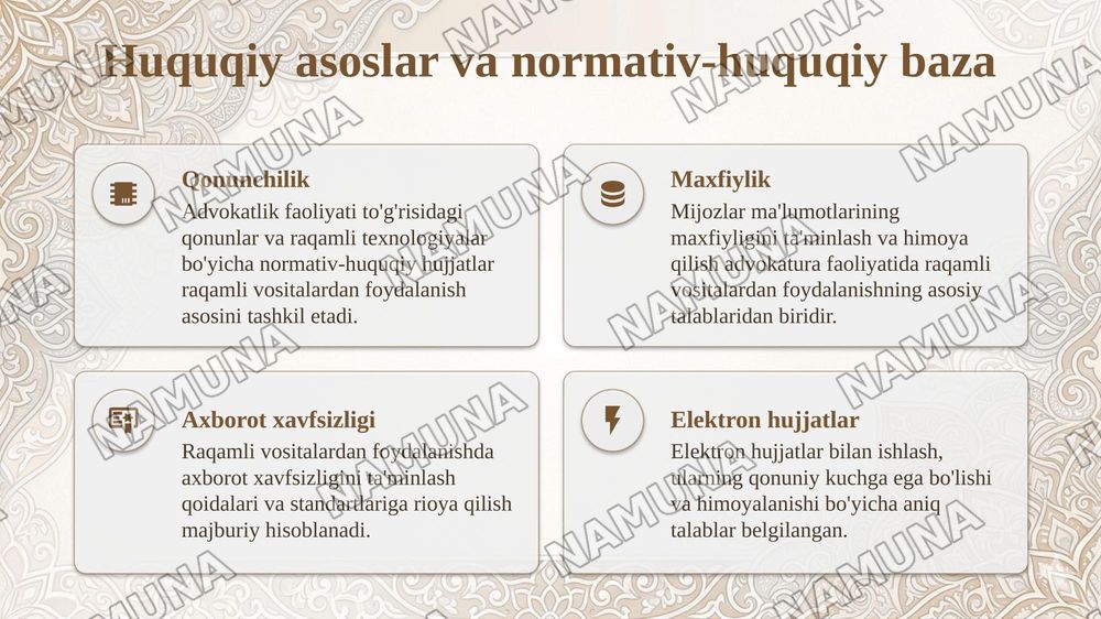 Advokatura faoliyatida raqamli vositalardan foydalanishning huquqy chegaralari — taqdimot, 4-slayd
