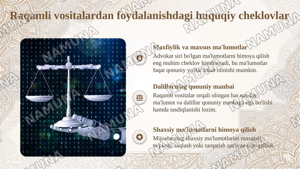 Advokatura faoliyatida raqamli vositalardan foydalanishning huquqy chegaralari — taqdimot, 6-slayd