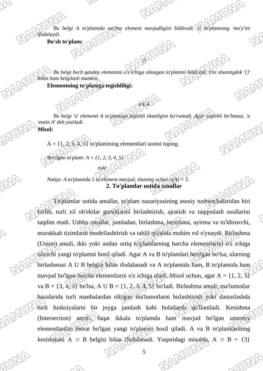 To’plamlar va ular ustida amallar,Eyler-Venn diagarammlari — mustaqil ish, 5-varaq