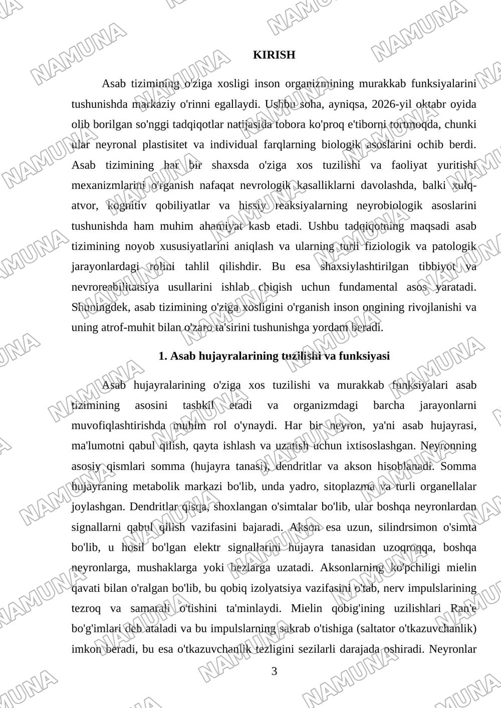 Asab tizimining o'ziga xosligi — mustaqil ish, 3-varaq