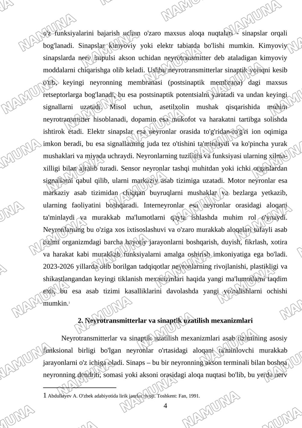 Asab tizimining o'ziga xosligi — mustaqil ish, 4-varaq