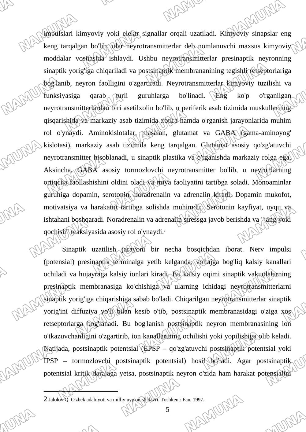 Asab tizimining o'ziga xosligi — mustaqil ish, 5-varaq