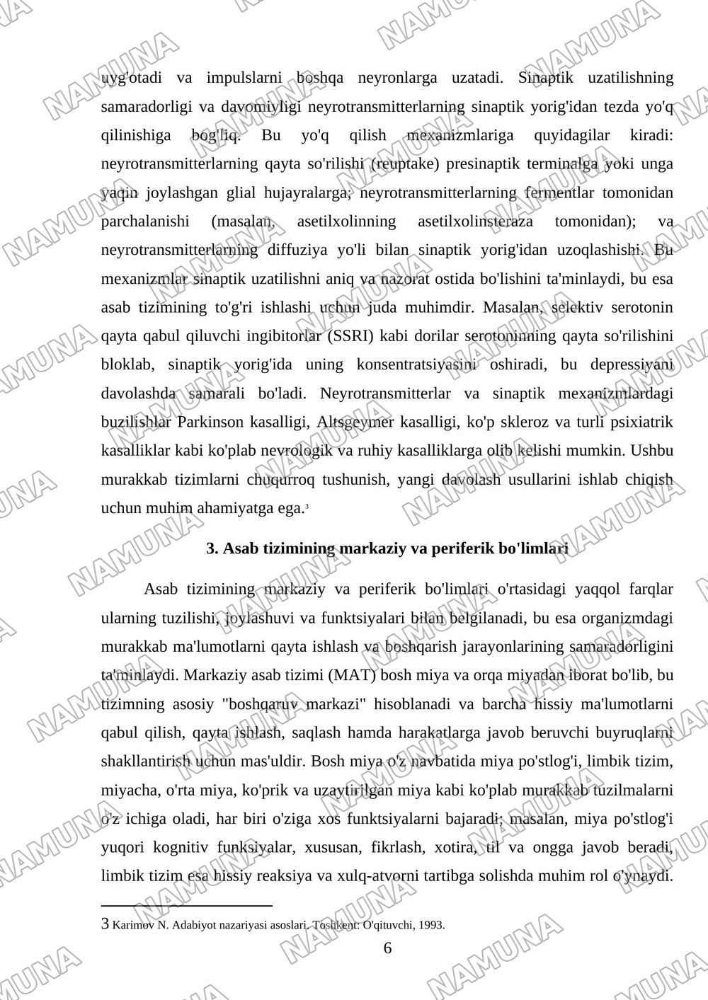 Asab tizimining o'ziga xosligi — mustaqil ish, 6-varaq