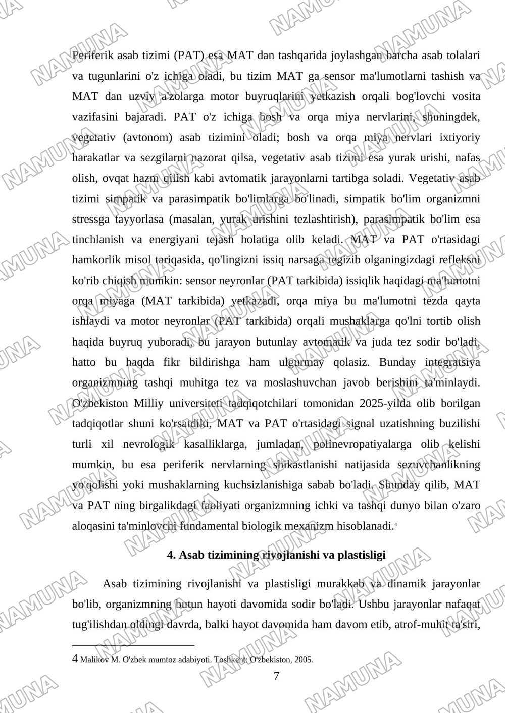 Asab tizimining o'ziga xosligi — mustaqil ish, 7-varaq