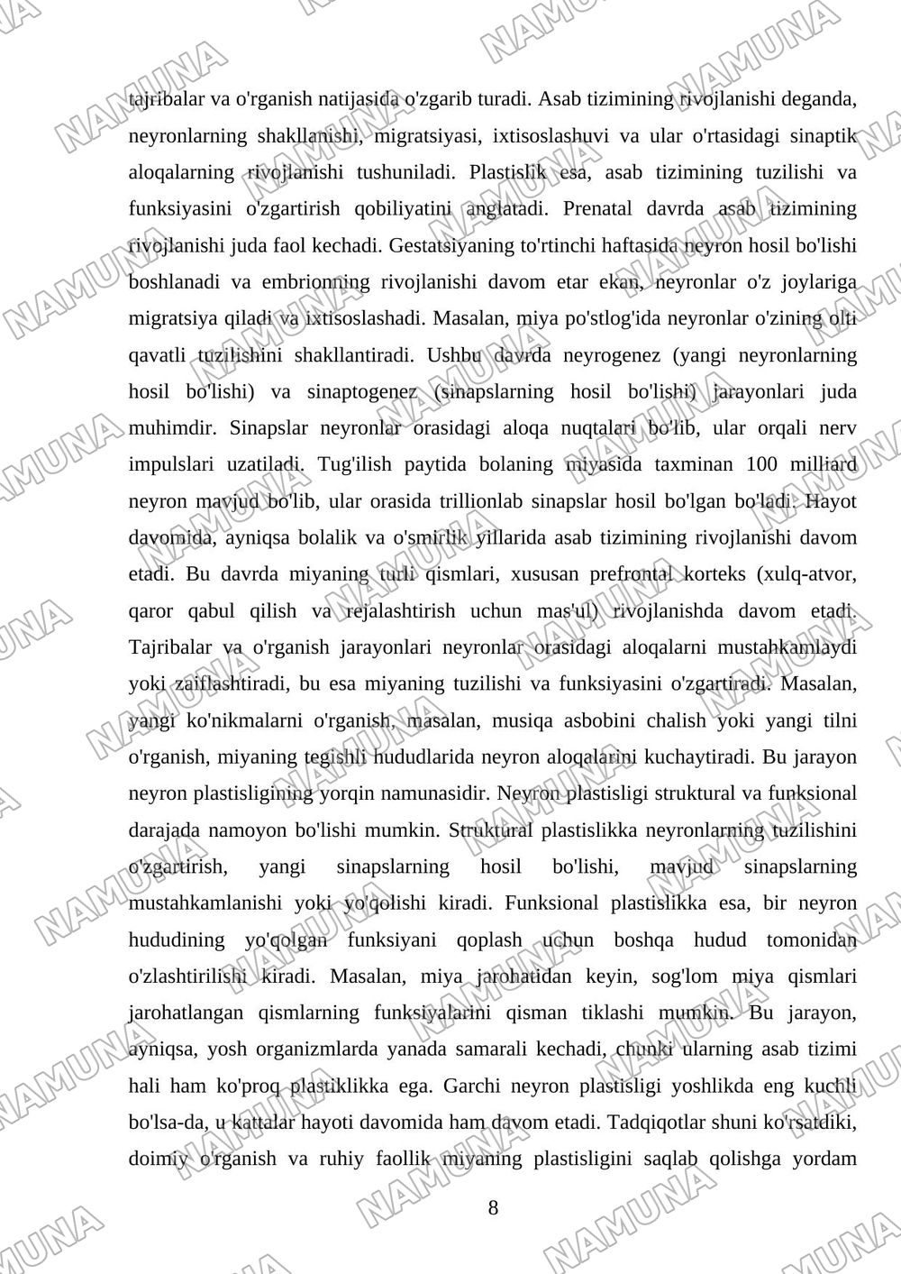 Asab tizimining o'ziga xosligi — mustaqil ish, 8-varaq
