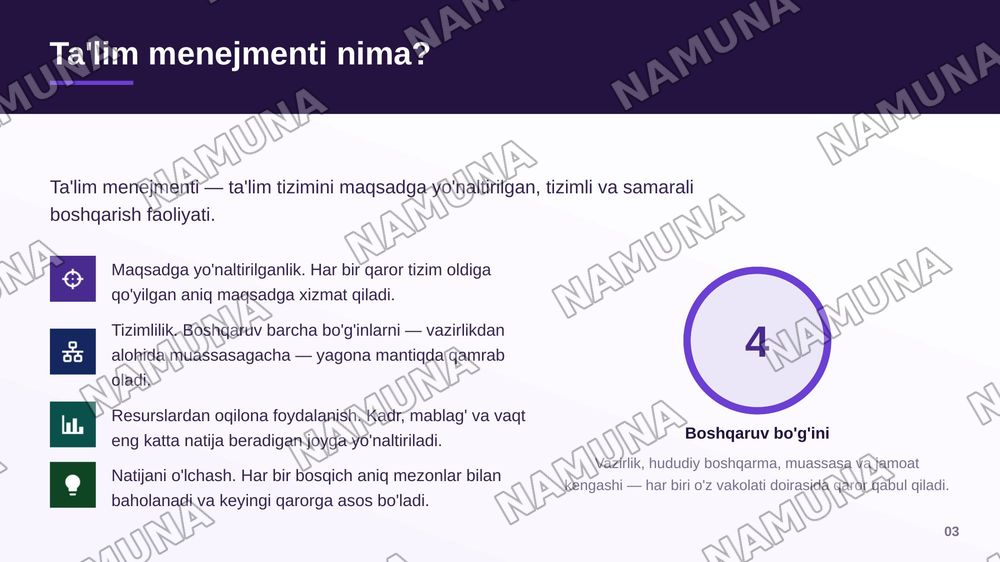 Ta'limni boshqarishning umumiy tamoyillari va mexanizmi — zamonaviy taqdimot, 4-slayd