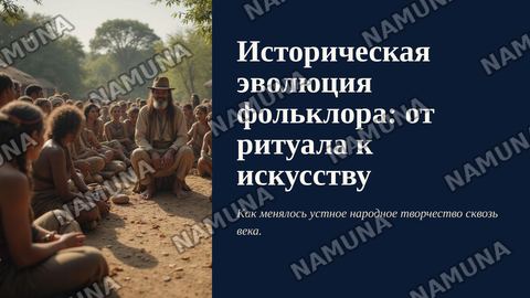 Слайд 1: Титульный слайд
Заголовок: Историческая эволюция фольклора: от ритуала к искусству
Подзаголовок: Как менялось устное народное творчество сквозь века.
Слайд 2: Что такое фольклор и его ключевые свойства
Заголовок: Природа фольклорного творчества
Основные тезисы:
Определение: Устное тради — zamonaviy taqdimot