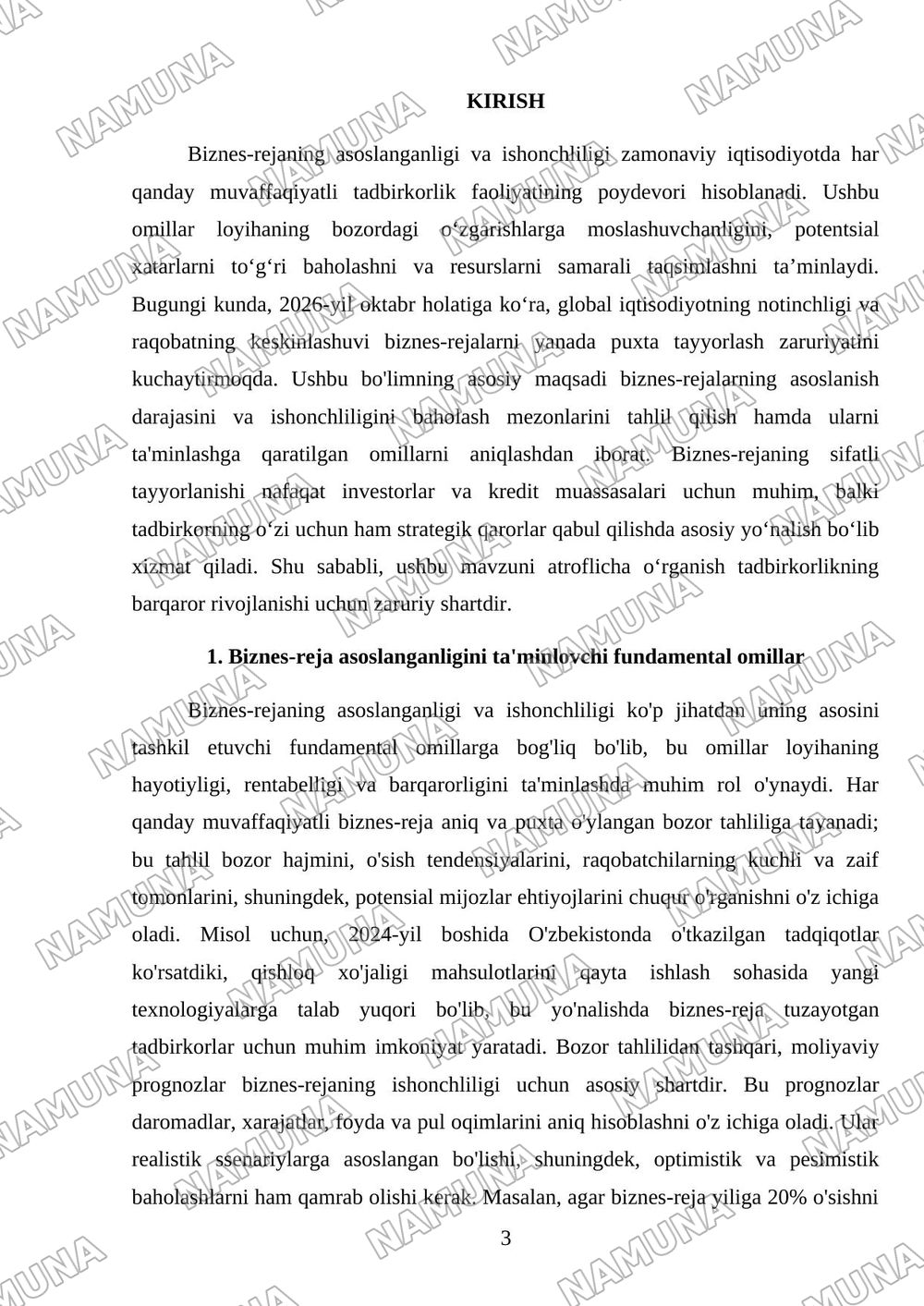 Biznes-rejaning asoslanganligi va ishonchliligi hamda ularni ta'minlovchi omillar. — mustaqil ish, 3-varaq
