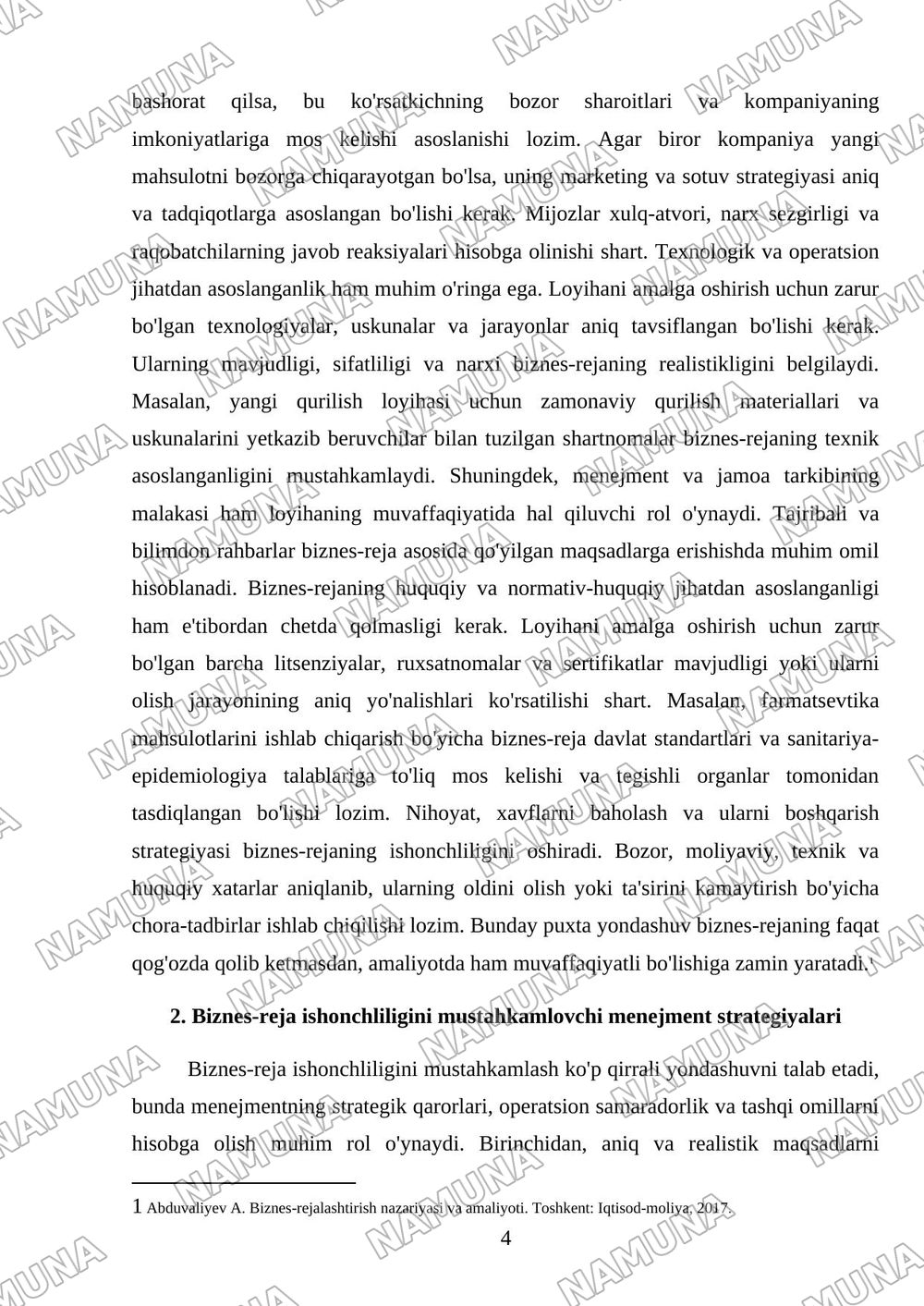Biznes-rejaning asoslanganligi va ishonchliligi hamda ularni ta'minlovchi omillar. — mustaqil ish, 4-varaq