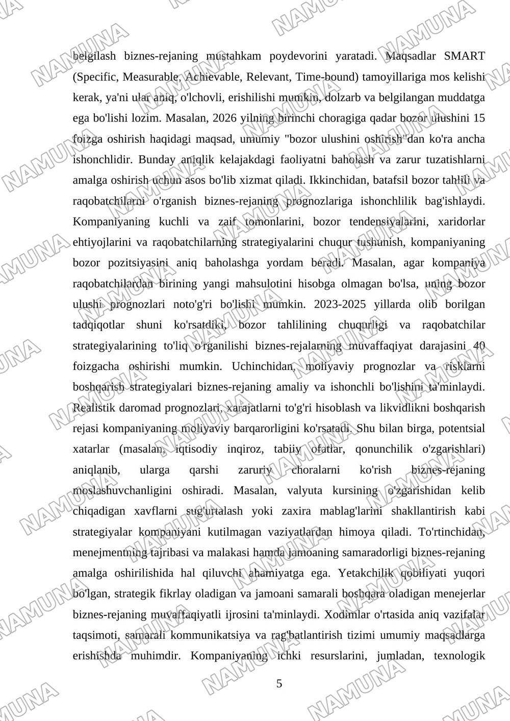 Biznes-rejaning asoslanganligi va ishonchliligi hamda ularni ta'minlovchi omillar. — mustaqil ish, 5-varaq