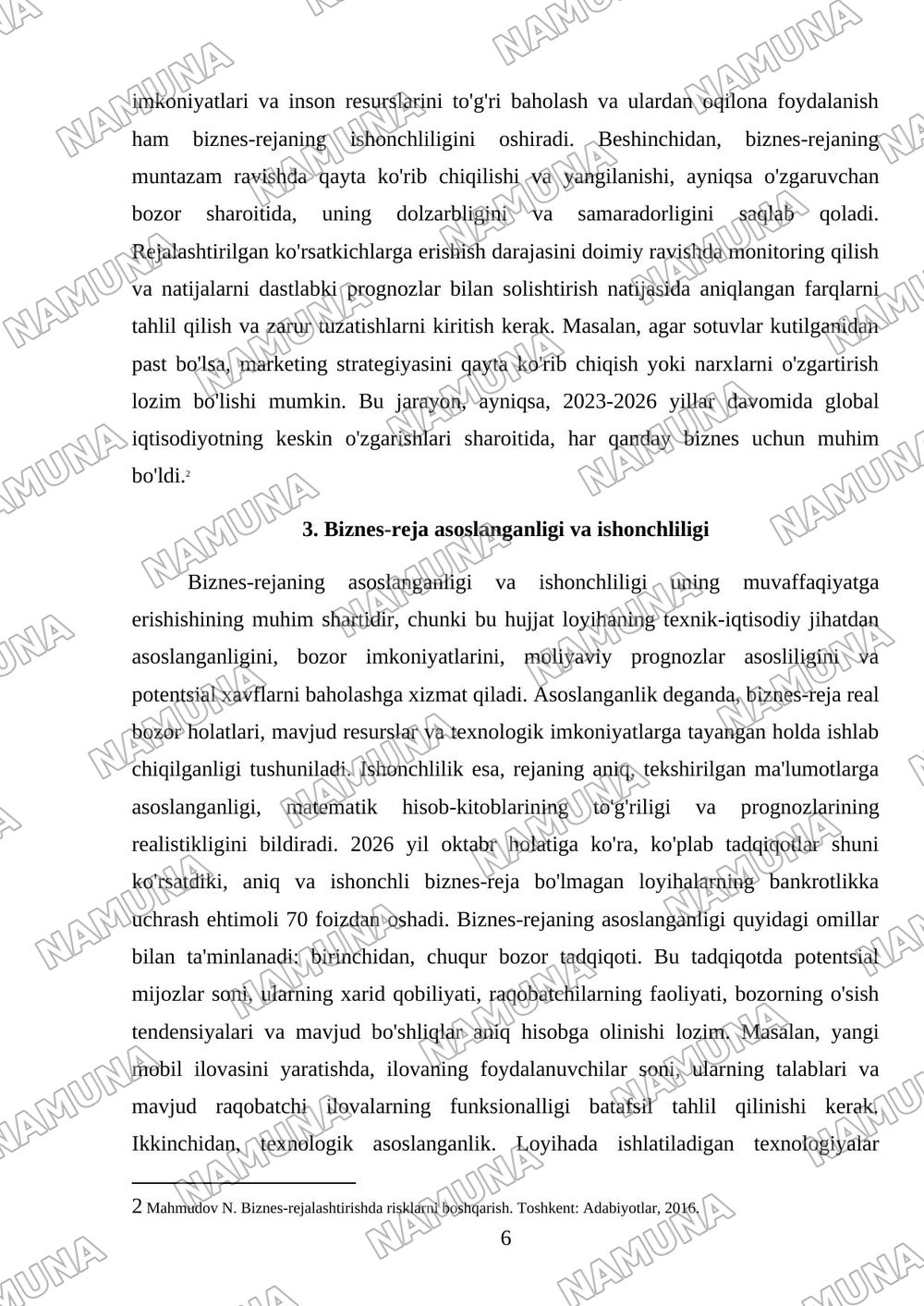 Biznes-rejaning asoslanganligi va ishonchliligi hamda ularni ta'minlovchi omillar. — mustaqil ish, 6-varaq