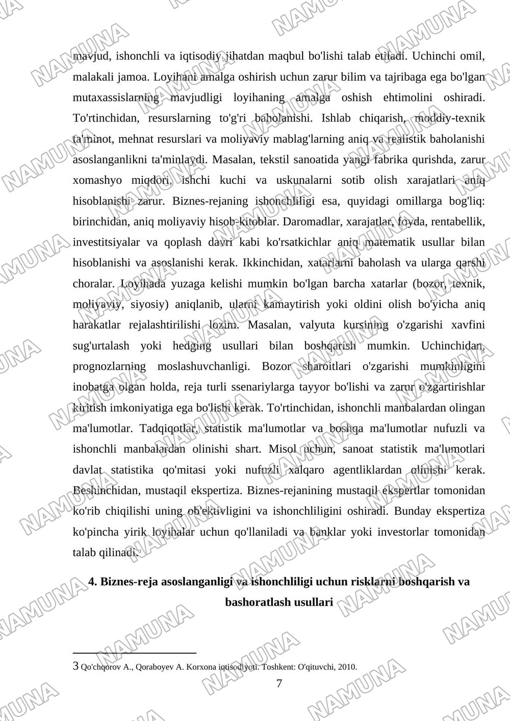 Biznes-rejaning asoslanganligi va ishonchliligi hamda ularni ta'minlovchi omillar. — mustaqil ish, 7-varaq