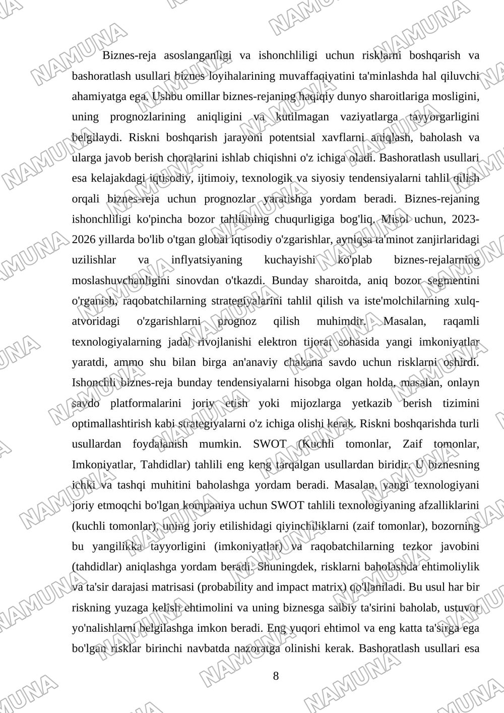Biznes-rejaning asoslanganligi va ishonchliligi hamda ularni ta'minlovchi omillar. — mustaqil ish, 8-varaq