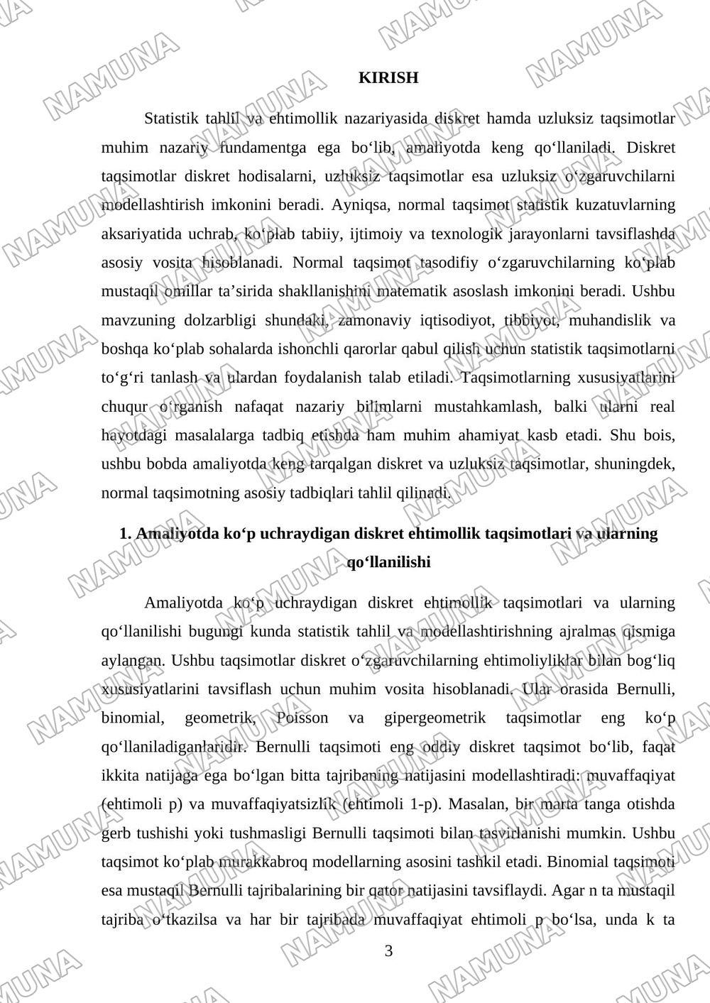 Amaliyotda koʻp uchraydigan muhim diskret va uzluksiz taqsimotlar va normal taqsimotning tadbiqlari. — mustaqil ish, 3-varaq