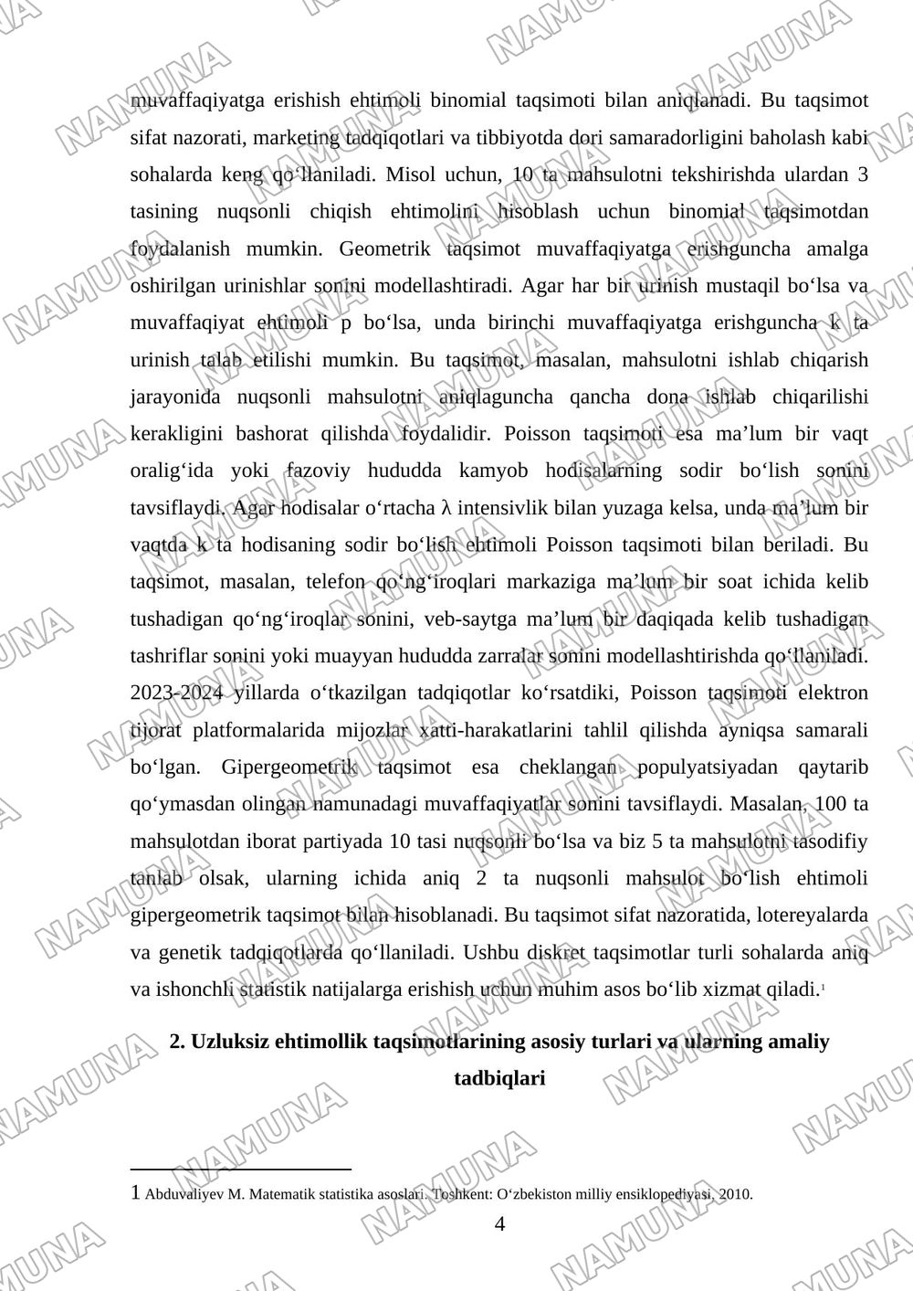 Amaliyotda koʻp uchraydigan muhim diskret va uzluksiz taqsimotlar va normal taqsimotning tadbiqlari. — mustaqil ish, 4-varaq