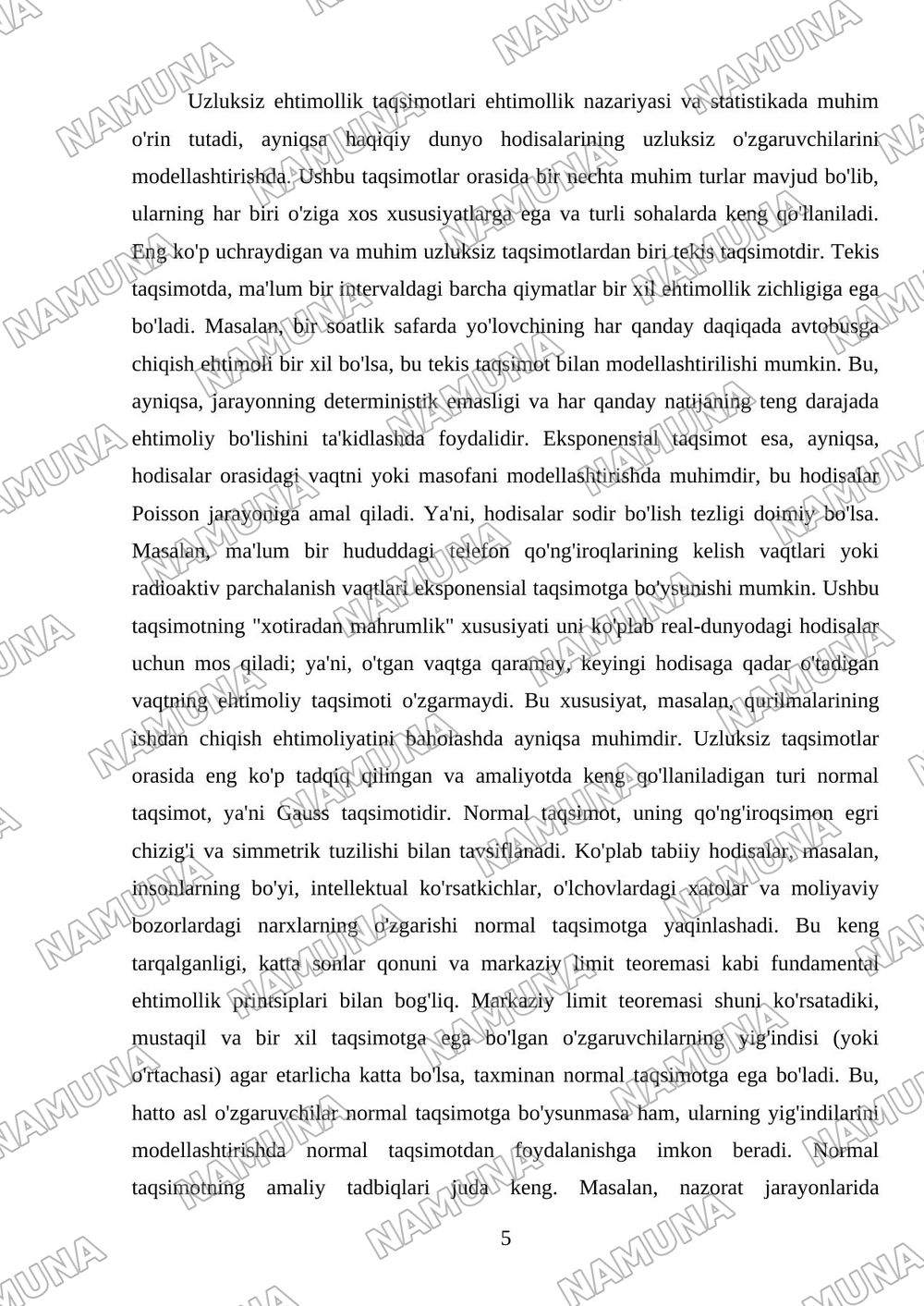 Amaliyotda koʻp uchraydigan muhim diskret va uzluksiz taqsimotlar va normal taqsimotning tadbiqlari. — mustaqil ish, 5-varaq