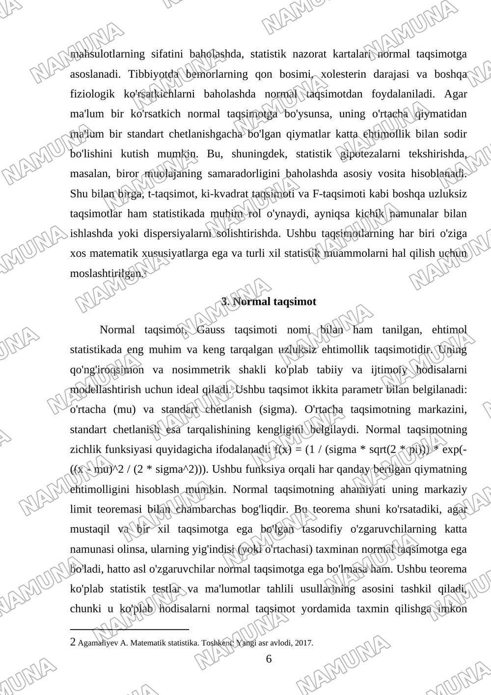 Amaliyotda koʻp uchraydigan muhim diskret va uzluksiz taqsimotlar va normal taqsimotning tadbiqlari. — mustaqil ish, 6-varaq