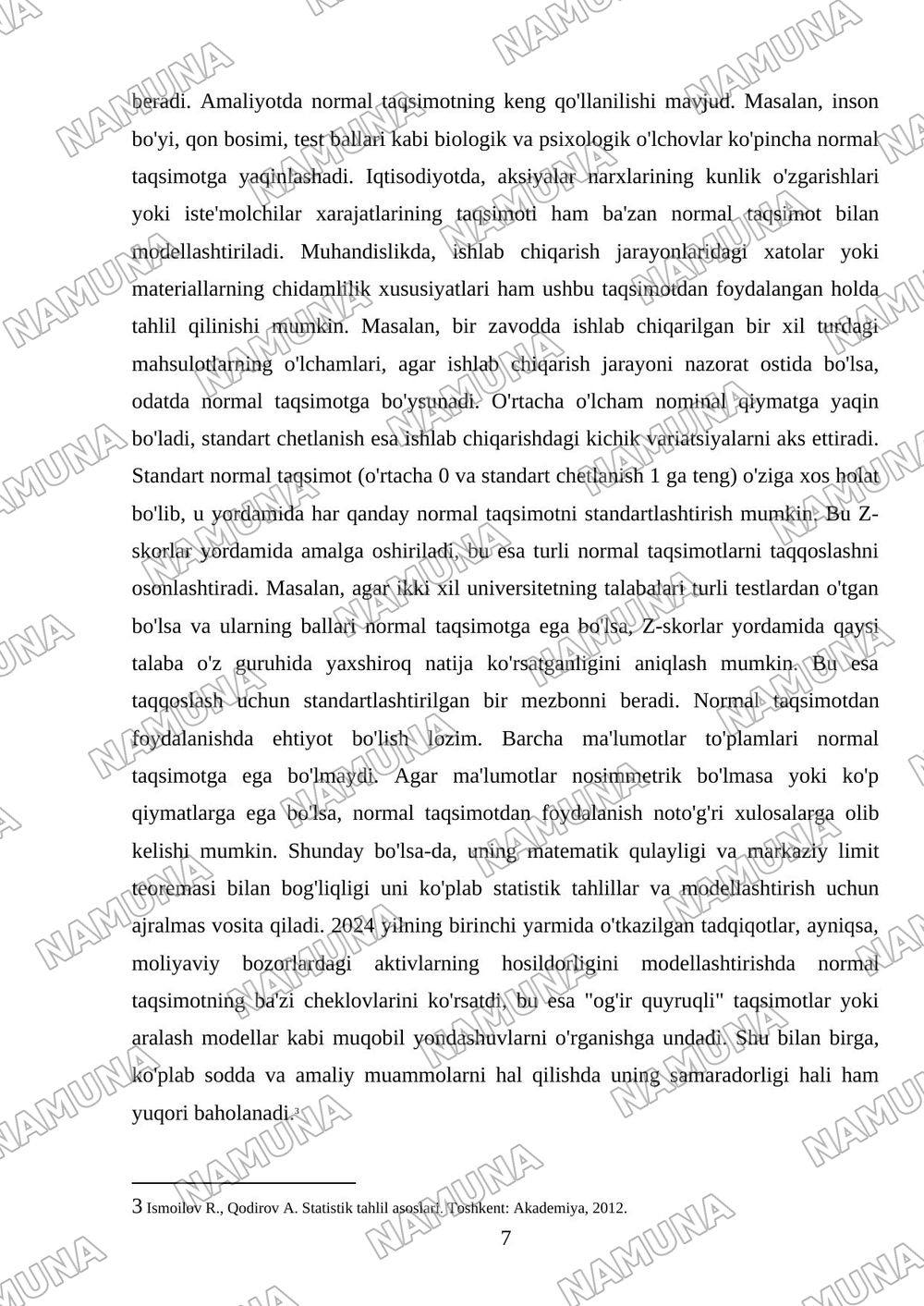 Amaliyotda koʻp uchraydigan muhim diskret va uzluksiz taqsimotlar va normal taqsimotning tadbiqlari. — mustaqil ish, 7-varaq