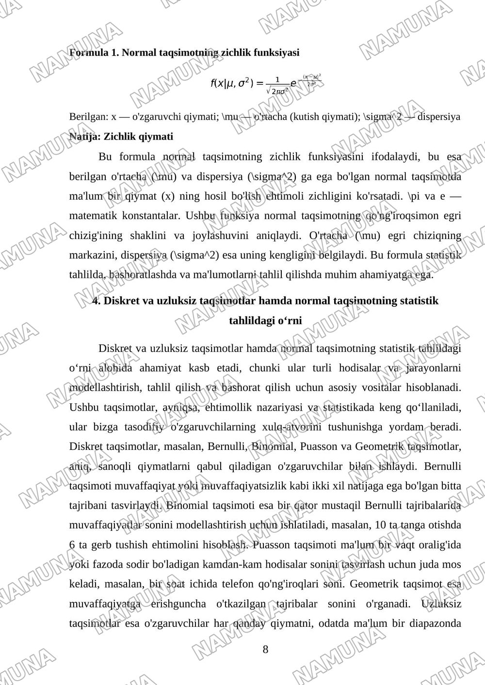 Amaliyotda koʻp uchraydigan muhim diskret va uzluksiz taqsimotlar va normal taqsimotning tadbiqlari. — mustaqil ish, 8-varaq