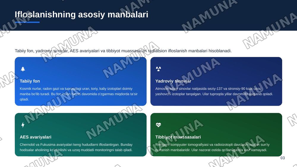 Joylarning radiatsion ifloslanishi, radiatsion vaziyatni
baholash va aholini radiatsiyadan himoya qilish — zamonaviy taqdimot, 4-slayd